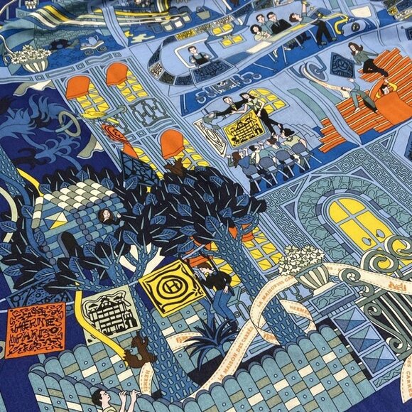 HERMES Carres 140/Carre Geant - Navy Blue Multi Cashmere Silk Scarf - Picture 5 of 7